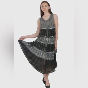 Grey and Black Tiered Sleeveless Boho Rayon Tie Dye Sundress Swim Cover 2303 C6
